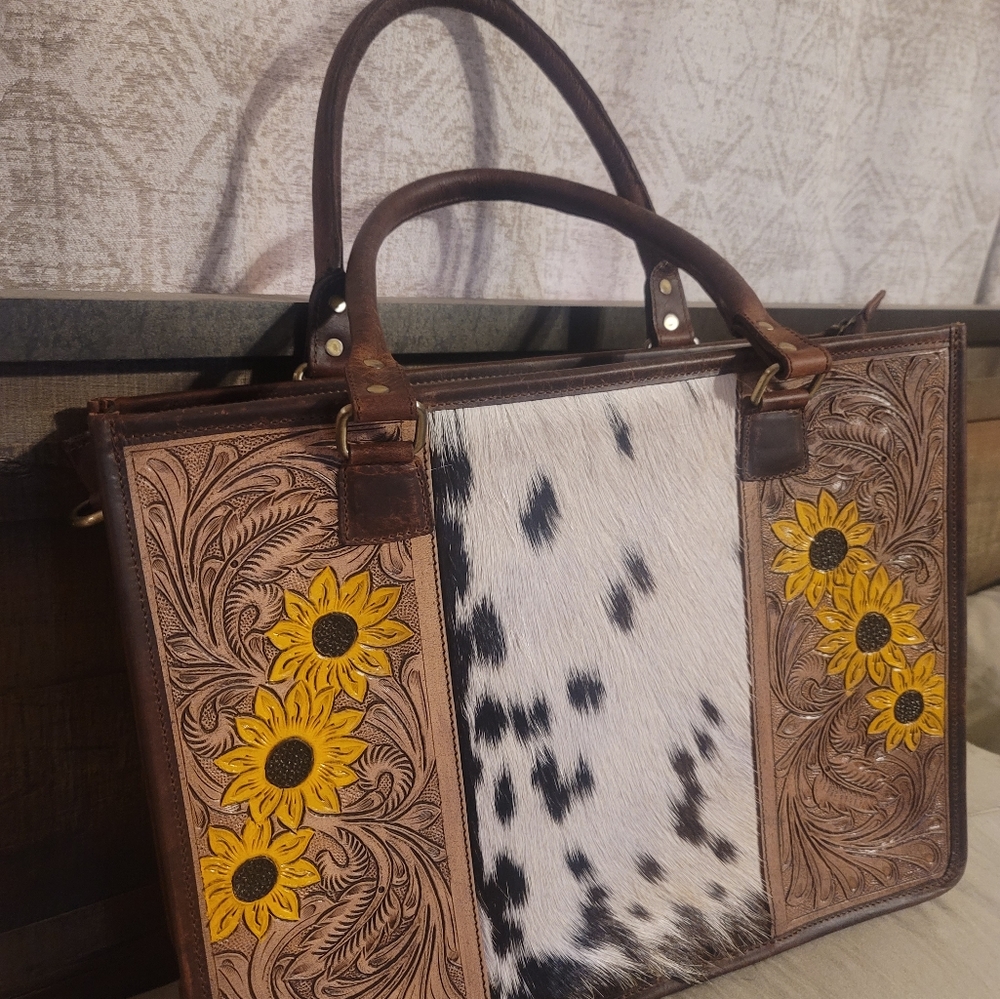 Tooled Leather Cow Hair on hide Sunflower detail Handbag NWOT
